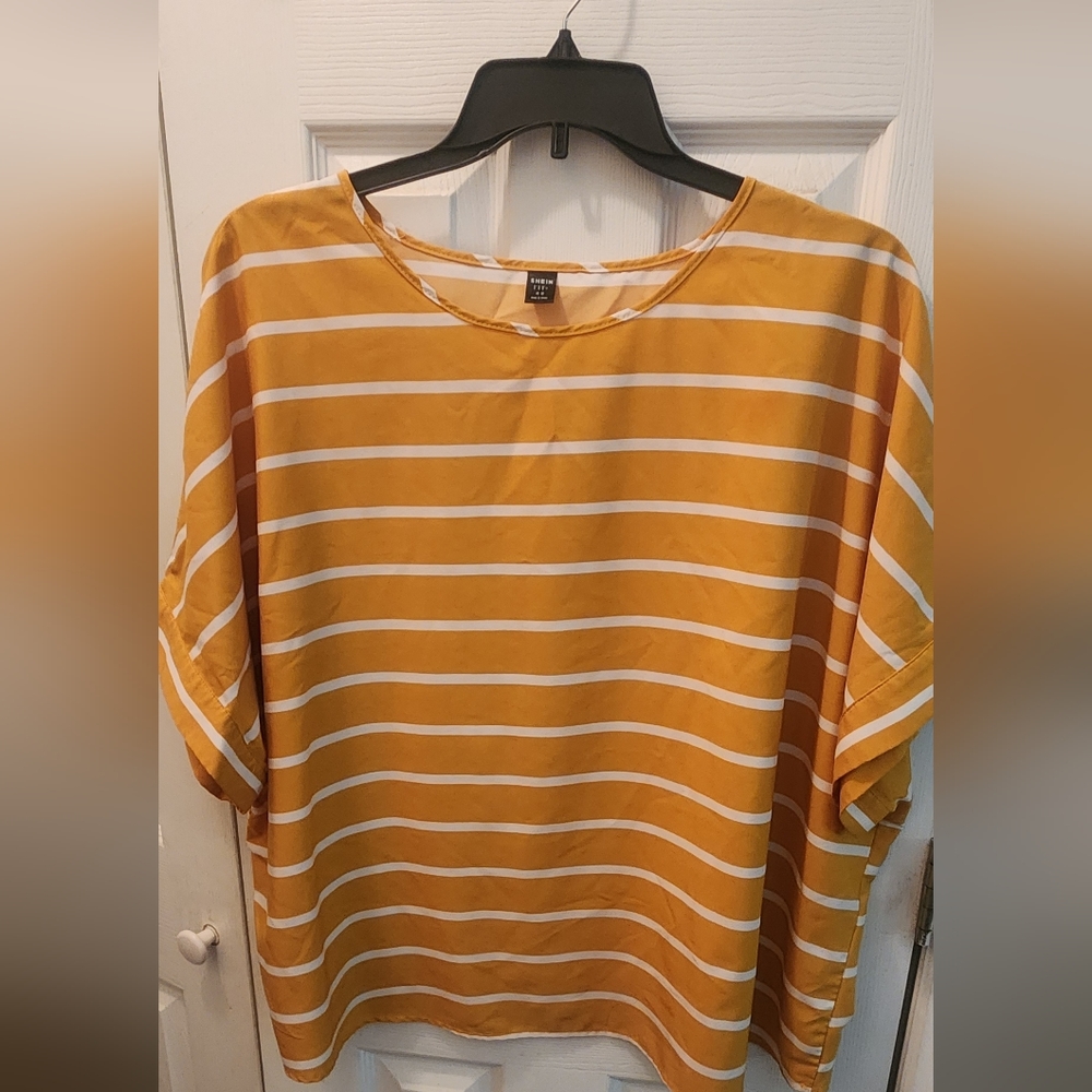Shein mustard yellow and white striped blouse, mid  sleeve size 22